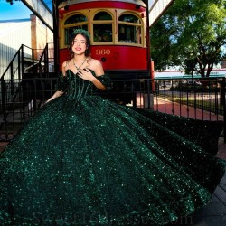 Sequin Emerald Green Quinceanera Dresses Ball Gown Birthday Party Dress Lace Up Graduation Gown Off The Shoulder vestidos 15 de