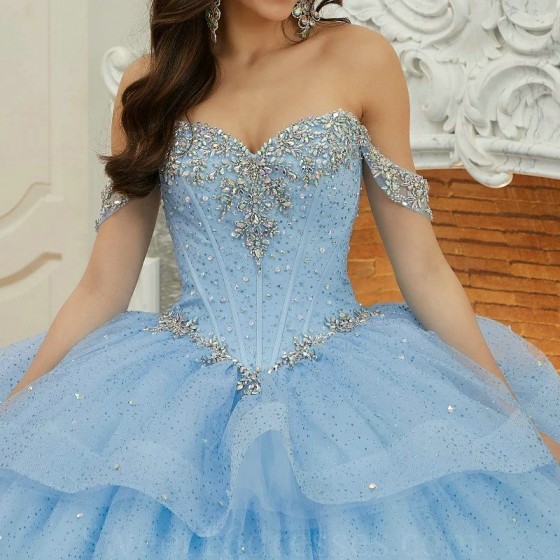 Sequin Sky Blue Shiny Princess Quinceanera Dress Ball Gown Classic Beads Crystal Bow Tull Sweet 16 Dress Vestidos De 15 Anos