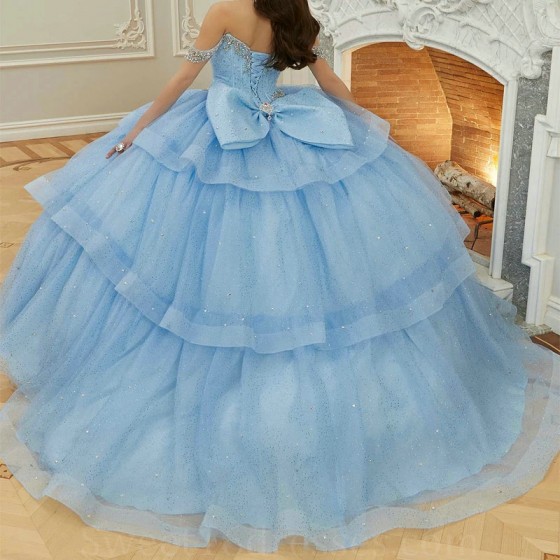 Sequin Sky Blue Shiny Princess Quinceanera Dress Ball Gown Classic Beads Crystal Bow Tull Sweet 16 Dress Vestidos De 15 Anos