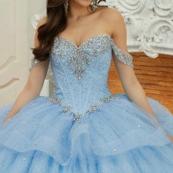 Sequin Sky Blue Shiny Princess Quinceanera Dress Ball Gown Classic Beads Crystal Bow Tull Sweet 16 Dress Vestidos De 15 Anos