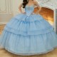 Sequin Sky Blue Shiny Princess Quinceanera Dress Ball Gown Classic Beads Crystal Bow Tull Sweet 16 Dress Vestidos De 15 Anos