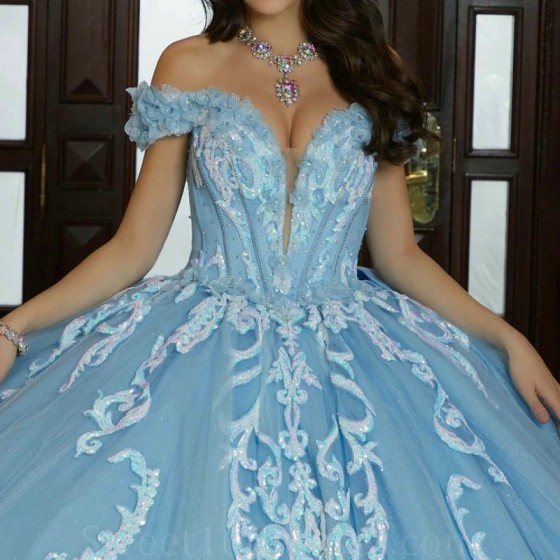 Sequin Sky Blue Shiny Quinceanera Dresses Applique Lace Tull Off Shoulder Ball Gown Vestidos De 15 Anos Sweet 16 Birthday Party