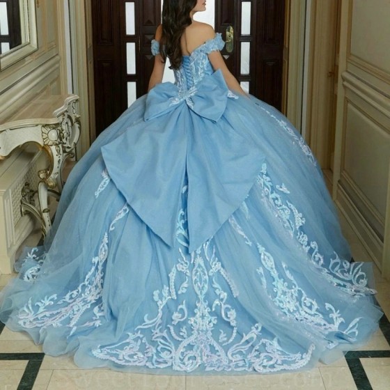 Sequin Sky Blue Shiny Quinceanera Dresses Applique Lace Tull Off Shoulder Ball Gown Vestidos De 15 Anos Sweet 16 Birthday Party