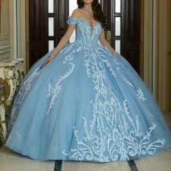 Sequin Sky Blue Shiny Quinceanera Dresses Applique Lace Tull Off Shoulder Ball Gown Vestidos De 15 Anos Sweet 16 Birthday Party