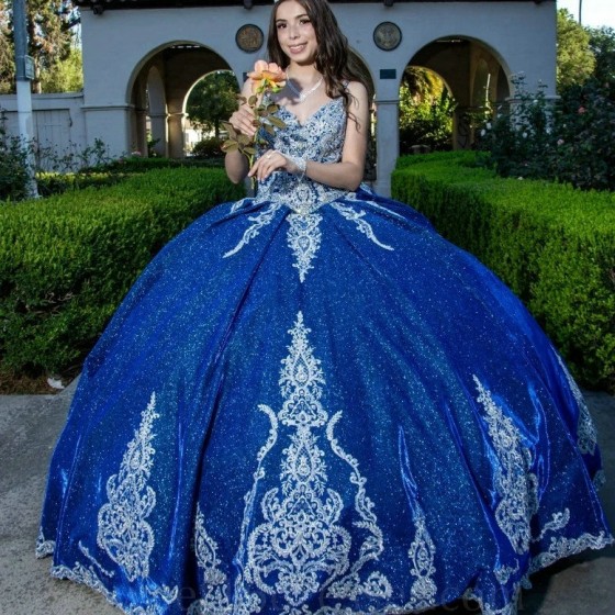 Sequined Blue Shiny Quinceanera Dresses Ball Gown For 16 weet Girl Beading Appliques With Train Princess Dress Vestidos De 15