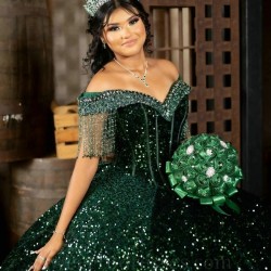 Sequined Emerald Green Quinceanera Dresses 2024 Princess Sweet 16 Years Girl Birthday Party Dresses Beads Vestidos 15 De