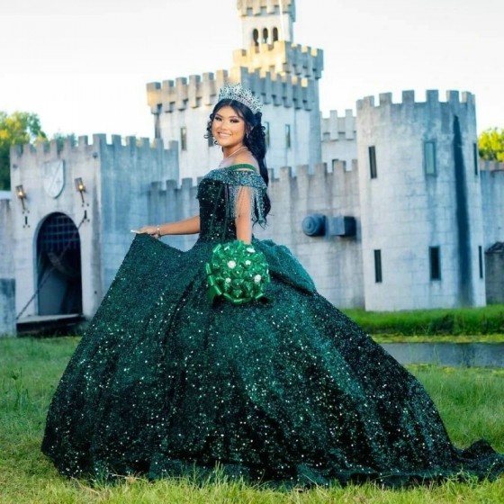 Sequined Emerald Green Quinceanera Dresses 2024 Princess Sweet 16 Years Girl Birthday Party Dresses Beads Vestidos 15 De