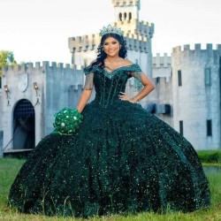 Sequined Emerald Green Quinceanera Dresses 2024 Princess Sweet 16 Years Girl Birthday Party Dresses Beads Vestidos 15 De