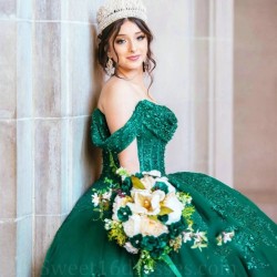 Sequined Green Crystal Beading Appliques Lace Quinceanera Dresses Ball Gown Off The Shoulder Corset Vestidos De 15 Anos