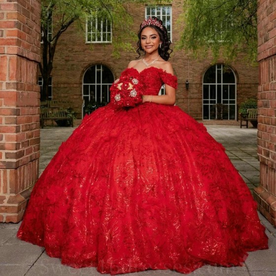 Sequined Red Lace Quinceanera Dresses 2024 Luxury Beading Ball Gown Sweet 16 Gown Off Shoulder Vestidos De XV15 Anos