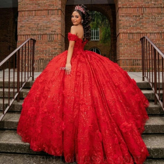 Sequined Red Lace Quinceanera Dresses 2024 Luxury Beading Ball Gown Sweet 16 Gown Off Shoulder Vestidos De XV15 Anos