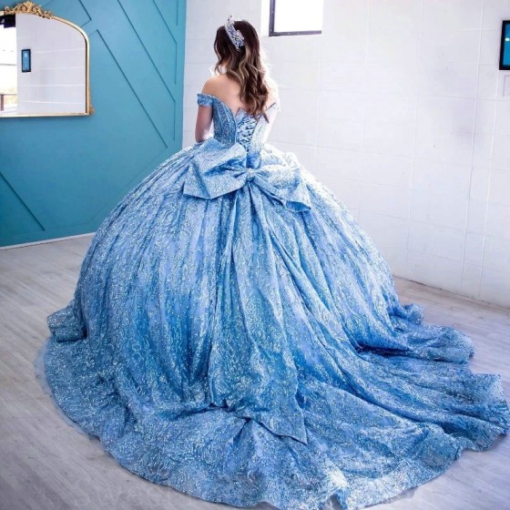 Sequined Sky Blue Glitter Crystal Ball Gown Quinceanera Dresses Off The Shoulder Lace Beading Corset Vestidos De 15 Anos