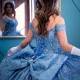 Sequined Sky Blue Glitter Crystal Ball Gown Quinceanera Dresses Off The Shoulder Lace Beading Corset Vestidos De 15 Anos