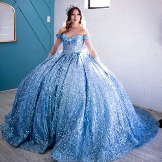 Sequined Sky Blue Glitter Crystal Ball Gown Quinceanera Dresses Off The Shoulder Lace Beading Corset Vestidos De 15 Anos