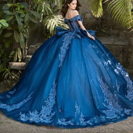 Sequins Blue Shiny Sweet 16 Quinceanera Dresses Lace Applique Off the Shoulder Ball Gown Vestido De 15 Anos