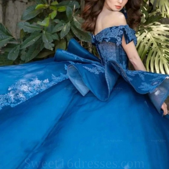 Sequins Blue Shiny Sweet 16 Quinceanera Dresses Lace Applique Off the Shoulder Ball Gown Vestido De 15 Anos