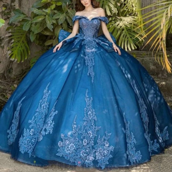 Sequins Blue Shiny Sweet 16 Quinceanera Dresses Lace Applique Off the Shoulder Ball Gown Vestido De 15 Anos