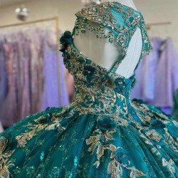 Sequins Emerald Green Ball Gown Quinceanera Dress Tulle Gold Appliques Flowers Sleeveless Sweet 15 16 Birthday Party Formal vest