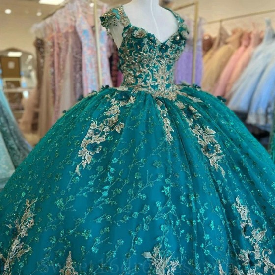 Sequins Emerald Green Ball Gown Quinceanera Dress Tulle Gold Appliques Flowers Sleeveless Sweet 15 16 Birthday Party Formal vest