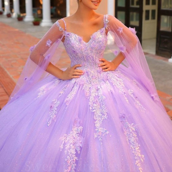 Sequins Lilac Glitter Quinceanera Dress Ball Gown Lace Applique Beading Crystals Tull With Cape Sweet 16 Vestido De 15 Anos