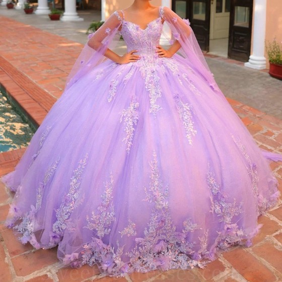 Sequins Lilac Glitter Quinceanera Dress Ball Gown Lace Applique Beading Crystals Tull With Cape Sweet 16 Vestido De 15 Anos