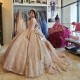 Sequins Pink Ball Gown Quinceanera Dress Tulle Gold Appliques Flowers Bow Beads Off Shoulder Sweet 15 16 Birthday Party Formal