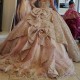 Sequins Pink Ball Gown Quinceanera Dress Tulle Gold Appliques Flowers Bow Beads Off Shoulder Sweet 15 16 Birthday Party Formal