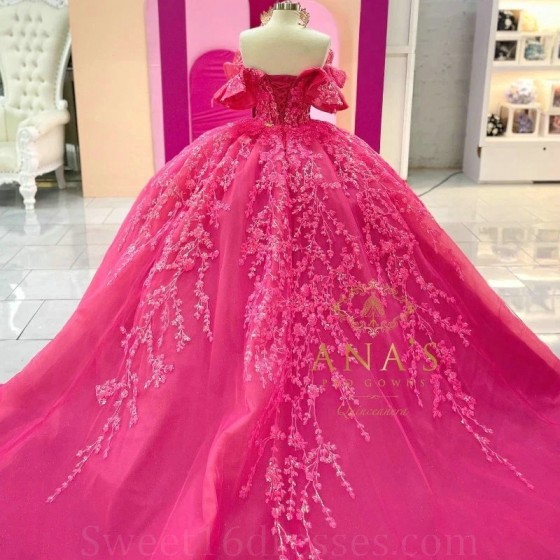 Sequins Rose Red Princess Quinceanera Dress Ball Gown V-Neck Off Shoulder 15th Party Gown Appliques Lace Sweet 16 Dress