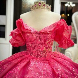 Sequins Rose Red Princess Quinceanera Dress Ball Gown V-Neck Off Shoulder 15th Party Gown Appliques Lace Sweet 16 Dress