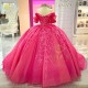 Sequins Rose Red Princess Quinceanera Dress Ball Gown V-Neck Off Shoulder 15th Party Gown Appliques Lace Sweet 16 Dress