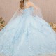 Sequins Sky Blue Luxury Ball Gown Quinceanera Dresses With Cape Beads Lace Appliques Flower Vestidos De 15 Anos