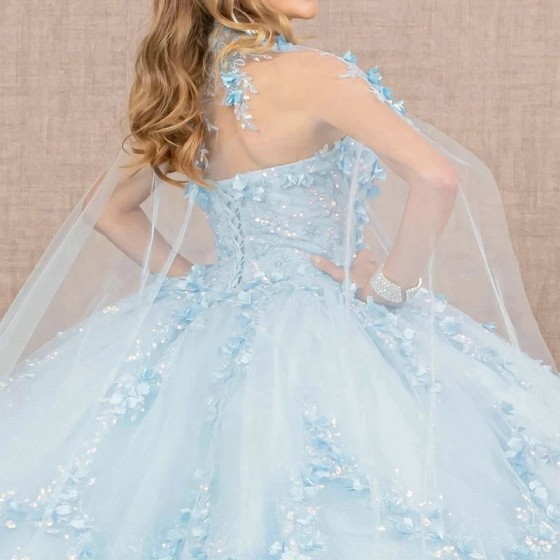 Sequins Sky Blue Luxury Ball Gown Quinceanera Dresses With Cape Beads Lace Appliques Flower Vestidos De 15 Anos