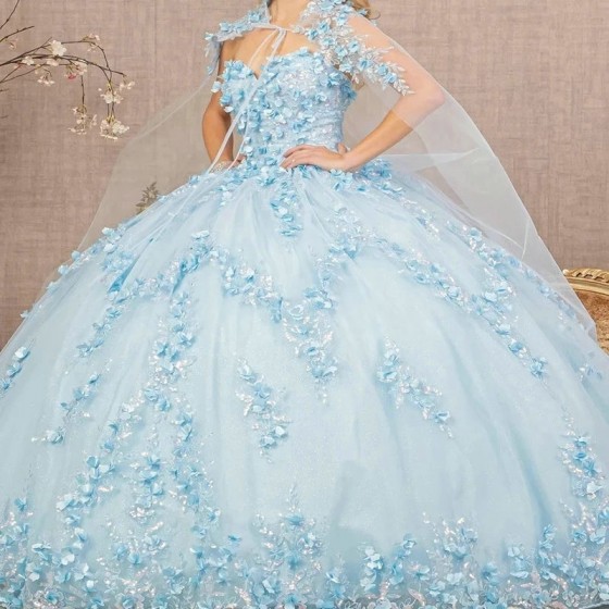 Sequins Sky Blue Luxury Ball Gown Quinceanera Dresses With Cape Beads Lace Appliques Flower Vestidos De 15 Anos