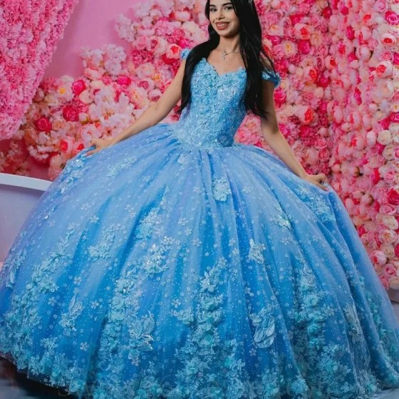 Sequins Sky Blue Shiny Quinceanera Dress Lace Applique Beading Off the Shoulder Mexican Sweet 16 Vestidos De XV 15 Anos