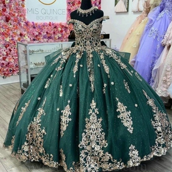 Shiny Ball Gown Green Quinceanera Dresses Bridal Gowns Off the Shoulder Sleeveless Applique Lace Sweet 16 Dress vestidos de xv15