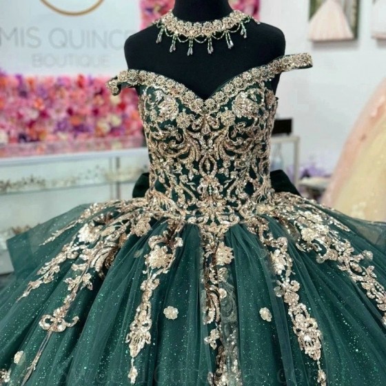 Shiny Ball Gown Green Quinceanera Dresses Bridal Gowns Off the Shoulder Sleeveless Applique Lace Sweet 16 Dress vestidos de xv15