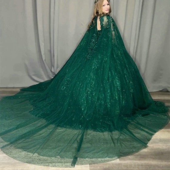 Shiny Emerald Green Quinceanera Dresses For 16 Girl Appliques Lace Beading With Cape Princess Ball Gowns Birthday Prom Dress