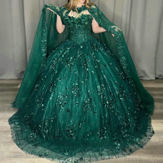 Shiny Emerald Green Quinceanera Dresses For 16 Girl Appliques Lace Beading With Cape Princess Ball Gowns Birthday Prom Dress