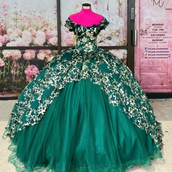 Shiny Green Princess Quinceanera Dresses Princess Gold applique 3D Flowers Ball Gown Birthday Gown Tulle Sweet 16 Dresses vestid