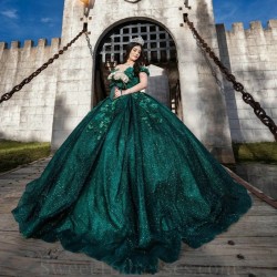 Shiny Green Quinceanera Dresses Ball Gown Formal Prom Applique Flower Graduation Gowns Sweet 15 16 Dress vestidos de xv anos