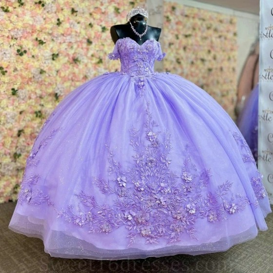 Shiny Lavender Princess Quinceanera Dresses Ball Gown Off The Shoulder Tulle Appliques Lace Sweet 16 Dresses 15 Anos