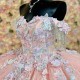 Shiny Pink Princess Quinceanera Dresses Ball Gown Off The Shoulder Tulle Appliques Beads Sweet 16 Dresses 15 Anos