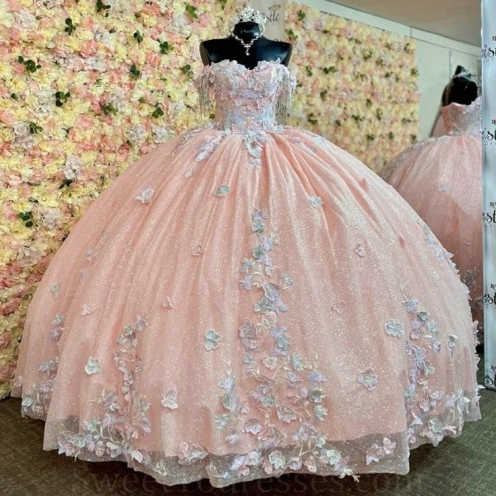 Shiny Pink Princess Quinceanera Dresses Ball Gown Off The Shoulder Tulle Appliques Beads Sweet 16 Dresses 15 Anos