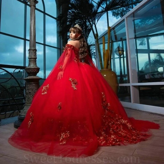 Shiny Red Ball Gown Quinceanera Dress Corset Lace Appliques Beading With Cape Sequins Sweet 16 Dress Vestidos De XV Anos 15 de