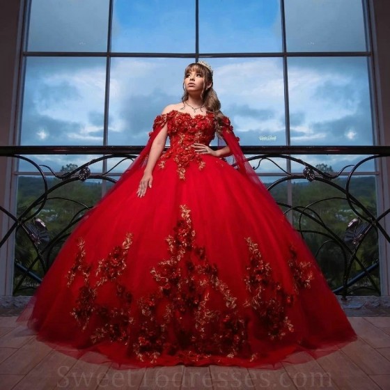 Shiny Red Ball Gown Quinceanera Dress Corset Lace Appliques Beading With Cape Sequins Sweet 16 Dress Vestidos De XV Anos 15 de