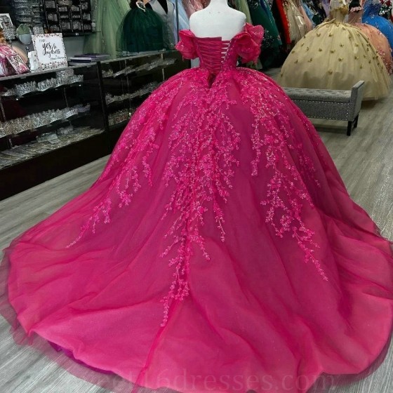 Shiny Rose Red Quinceanera Dresses 2024 Appliques Lace Beads Ball Gowns Tulle Princess Sweet 16 Dress Lace up vestidos de 15