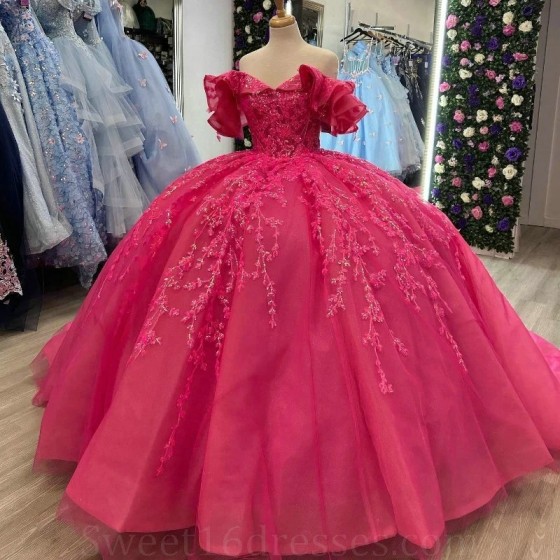 Shiny Rose Red Quinceanera Dresses 2024 Appliques Lace Beads Ball Gowns Tulle Princess Sweet 16 Dress Lace up vestidos de 15