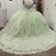 Shiny Sage Green Ball Gown Quinceanera Dresses Appliques Lace Beading Tull Off Shoulder Sweet 16 Dress Vestido De 15 Anos