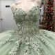 Shiny Sage Green Ball Gown Quinceanera Dresses Appliques Lace Beading Tull Off Shoulder Sweet 16 Dress Vestido De 15 Anos