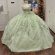 Shiny Sage Green Ball Gown Quinceanera Dresses Appliques Lace Beading Tull Off Shoulder Sweet 16 Dress Vestido De 15 Anos